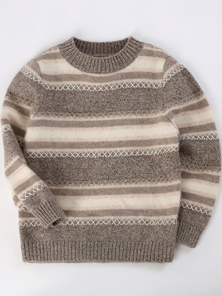 Kids Nordic Stripes Soft Earth Tones Cashmere Crewneck Sweater